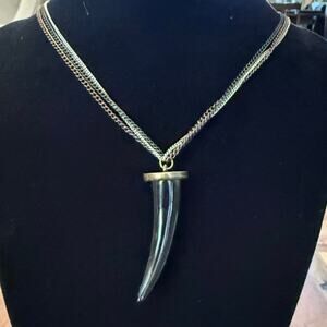 Mixed‑Metal Triple Chain Necklace • Faux Horn Resin Pendant • Adjustable to 22”